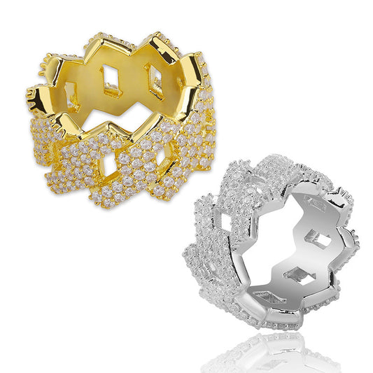 14mm Rhombus Cuban Ring | 14K Gold & White Gold Plated | Iced Out Double Row AAA+ CZ