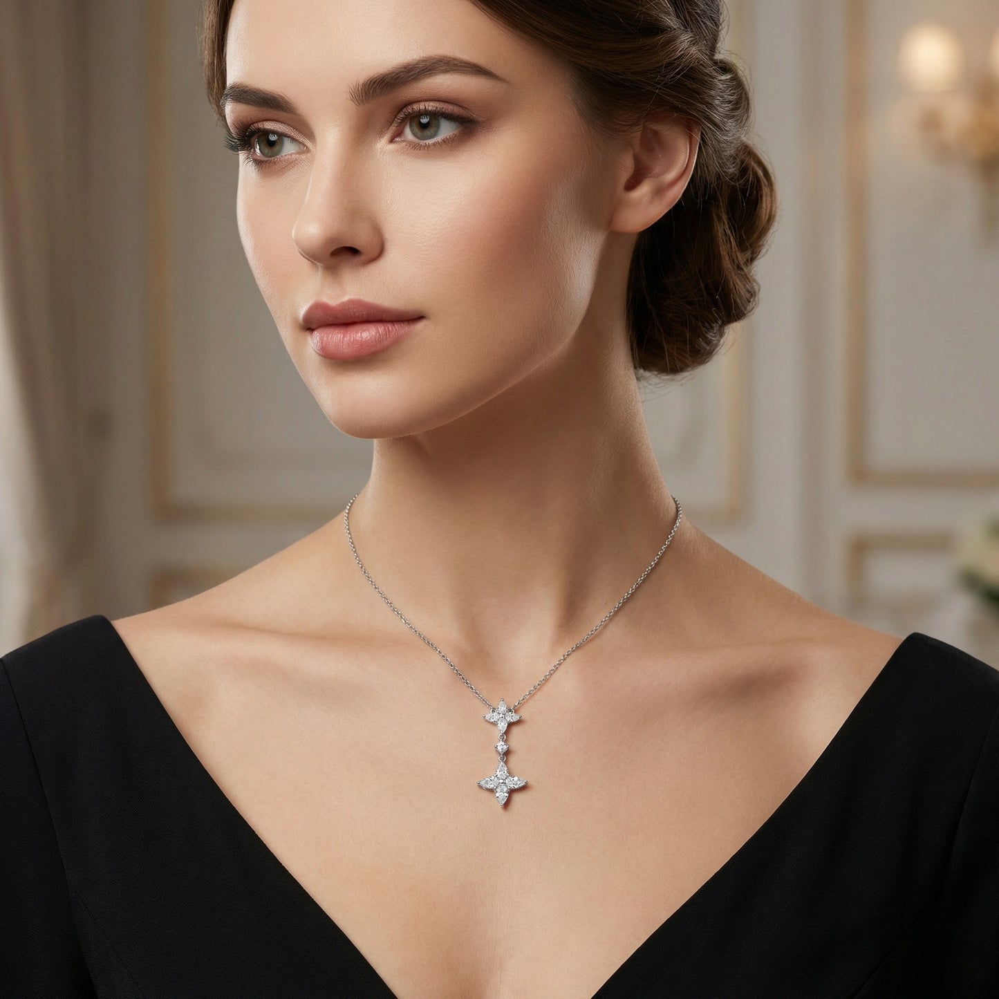 925 Sterling Silver Exquisite Marquise CZ Floral Double Cluster Drop Pendant Necklace