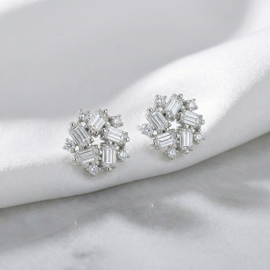 925 Sterling Silver Sparkling Baguette and Round Diamond Snowflake Cluster Stud Earrings