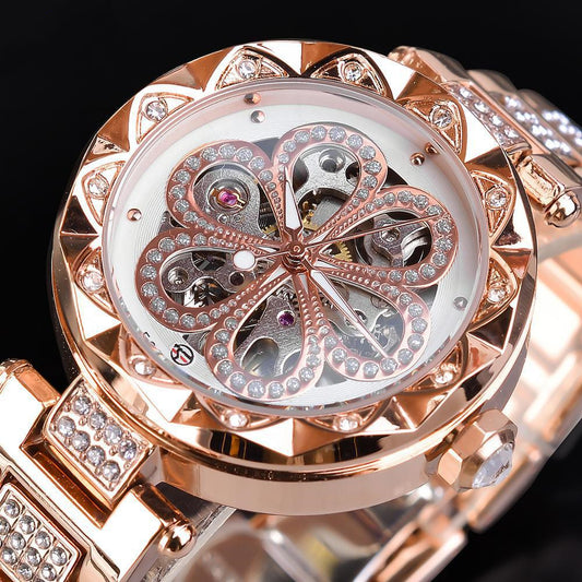 Luxury Automatic Mechanical Watch for Women – Rhinestone Embellished, Skeleton Dial