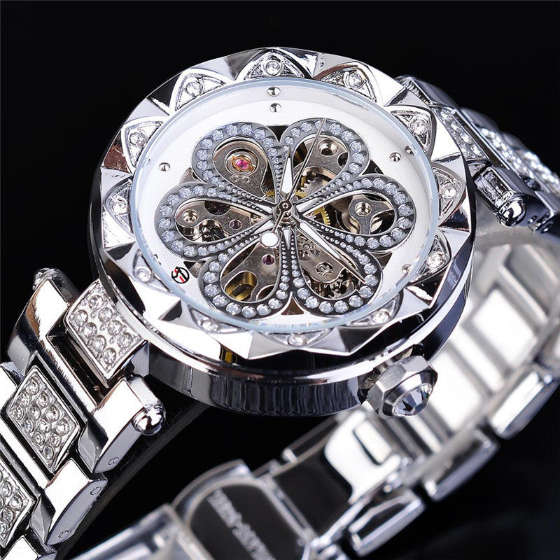 Luxury Automatic Mechanical Watch for Women – Rhinestone Embellished, Skeleton Dial