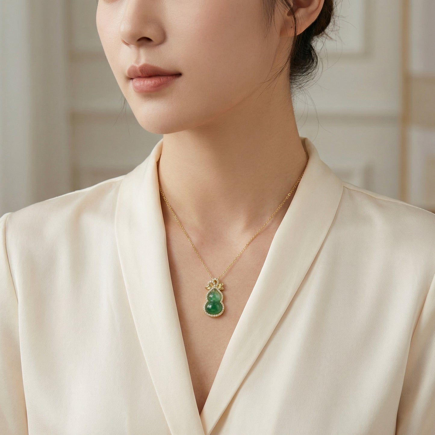925 Sterling Silver Elegant Green Jadeite Calabash Pendant Necklace with Sparkling Diamond Accents and Bow Detail