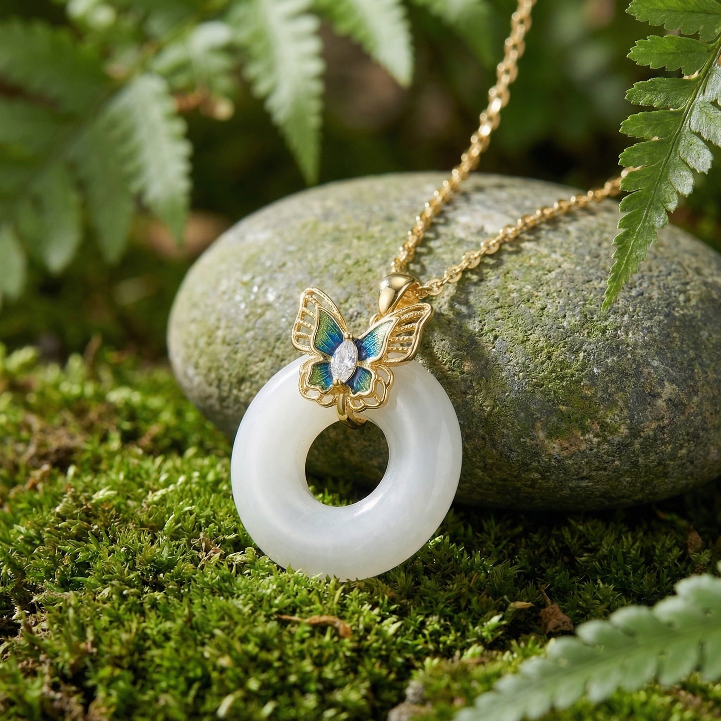 925 Sterling Silver Enchanted Butterfly Enamel and White Translucent Stone Donut Pendant Necklace