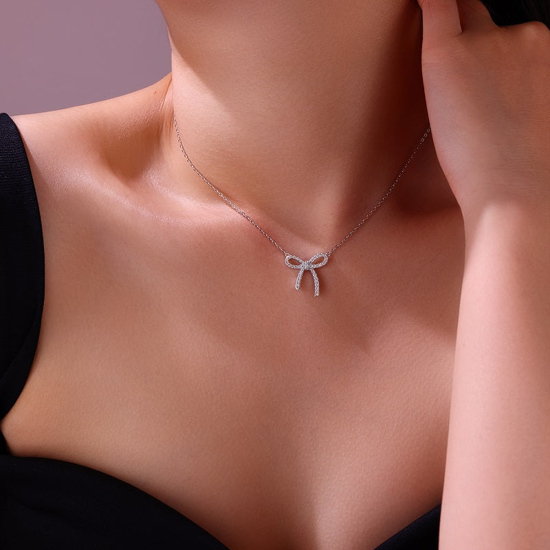 Luxury Moissanite Bow Pendant Necklace in S925 Sterling Silver, Electroplated Platinum Finish - Top-Quality & Dazzling Bowknot Jewelry Gift