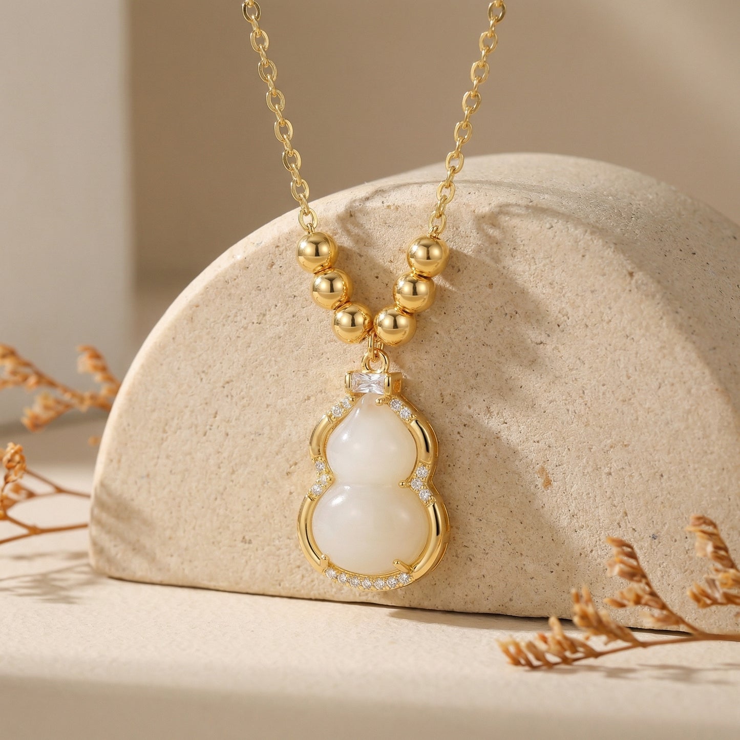 925 Sterling Silver Elegant White Jade Wulu Pendant Necklace with Sparkling Accents and Polished Beads