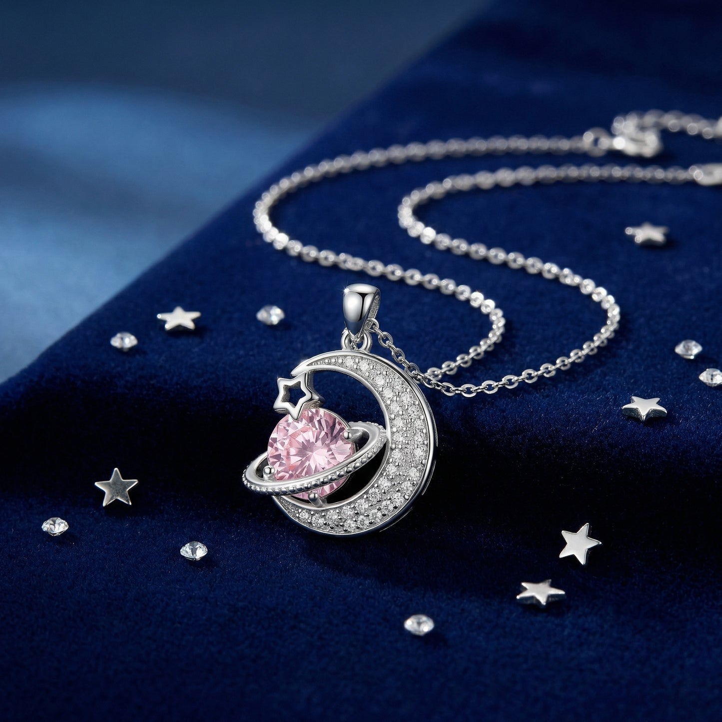 925 Sterling Silver Celestial Crescent Moon and Sparkling Pink Planet Silver Pendant Necklace
