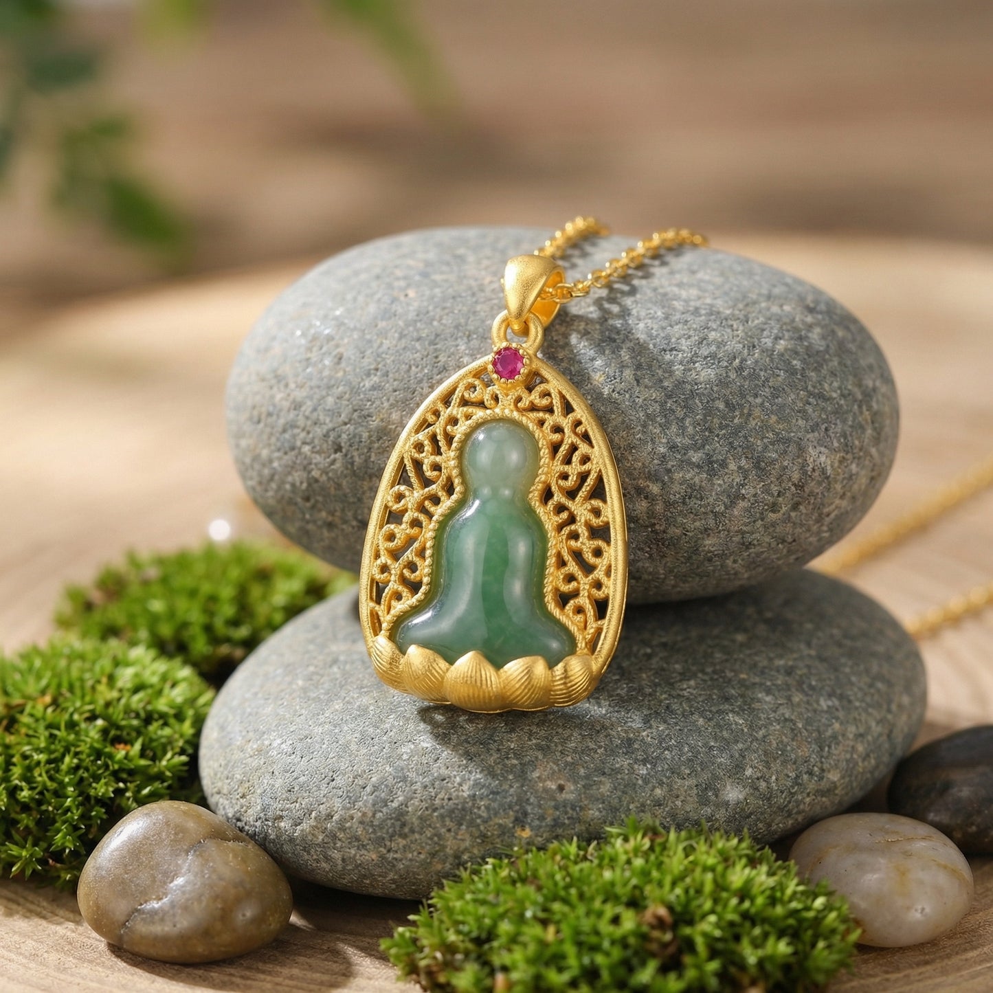 925 Sterling Silver Serene Green Jade Buddha Pendant with Intricate Filigree Setting and Radiant Red Gemstone