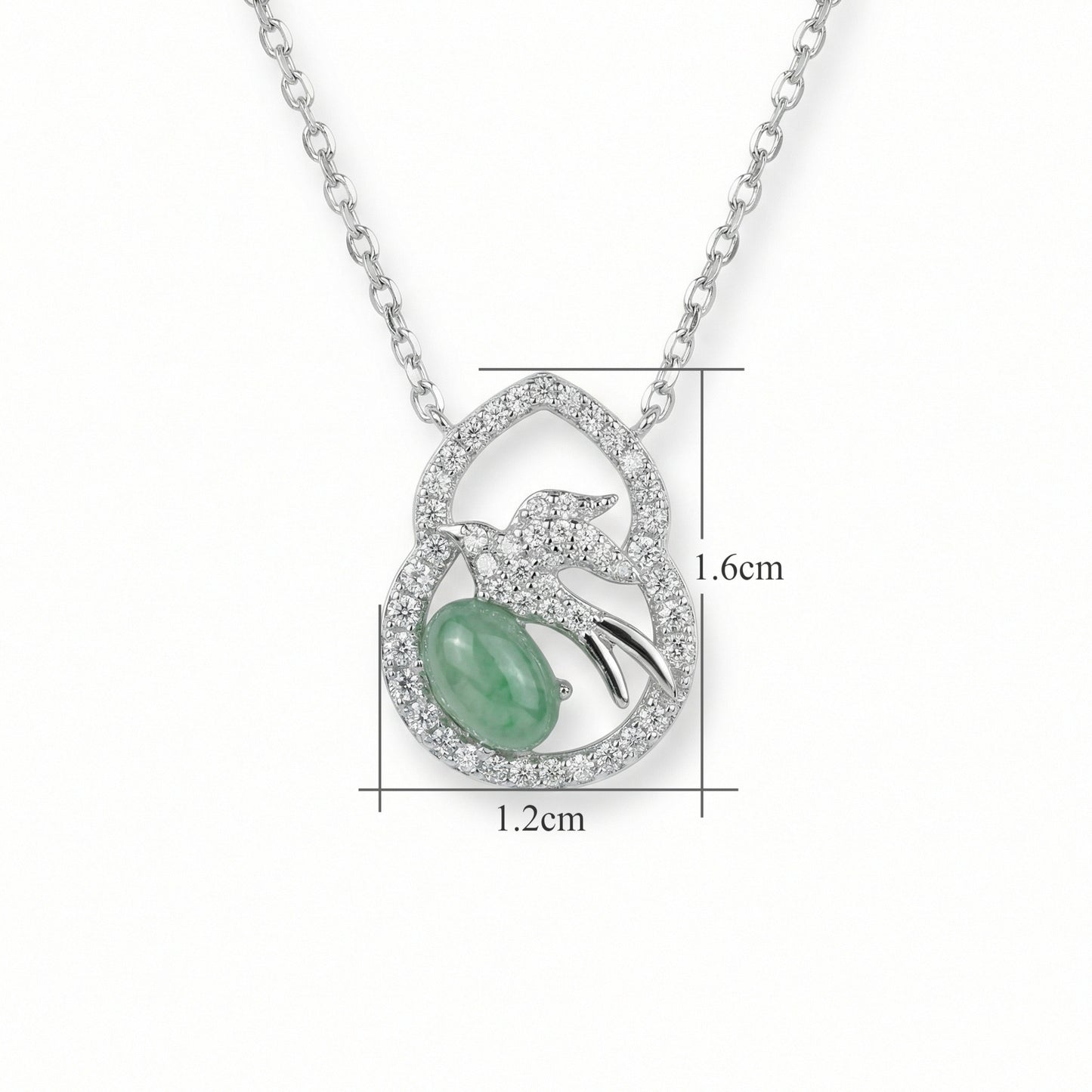 925 Sterling Silver Elegant Gourd Pendant Necklace Featuring Green Jadeite and Sparkling Diamond Bird Motif