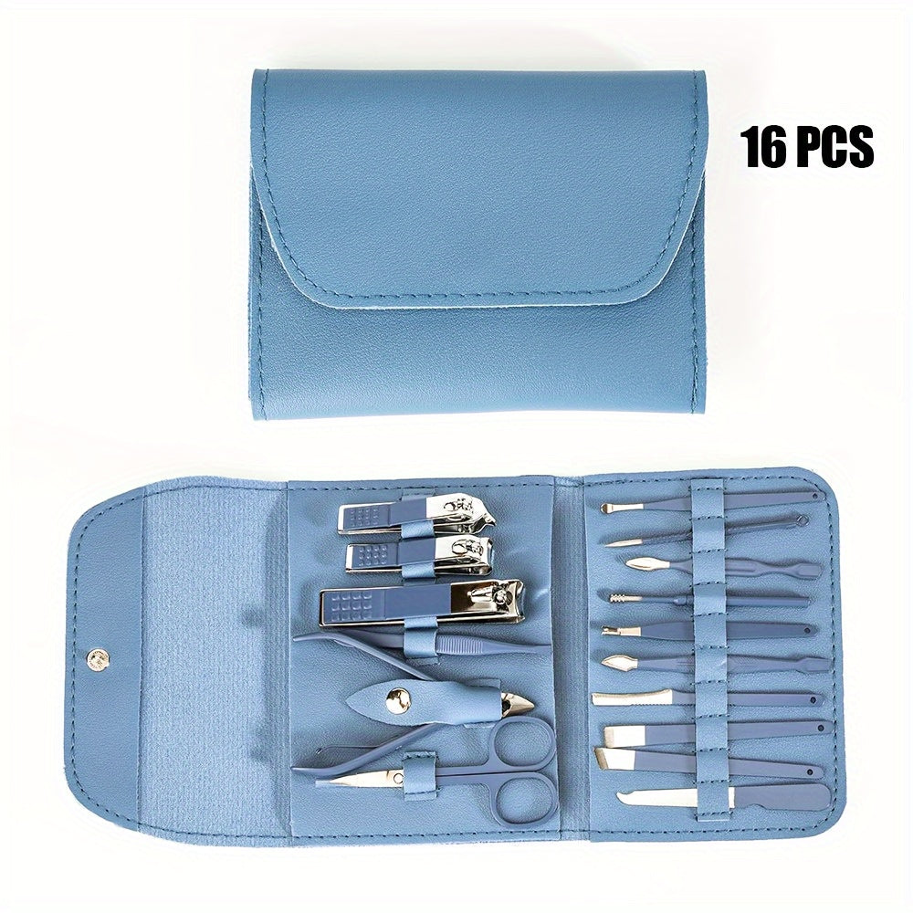 16pcs Multi-Functional Stainless Steel Manicure & Pedicure Tool Set with Folding Travel Bag
