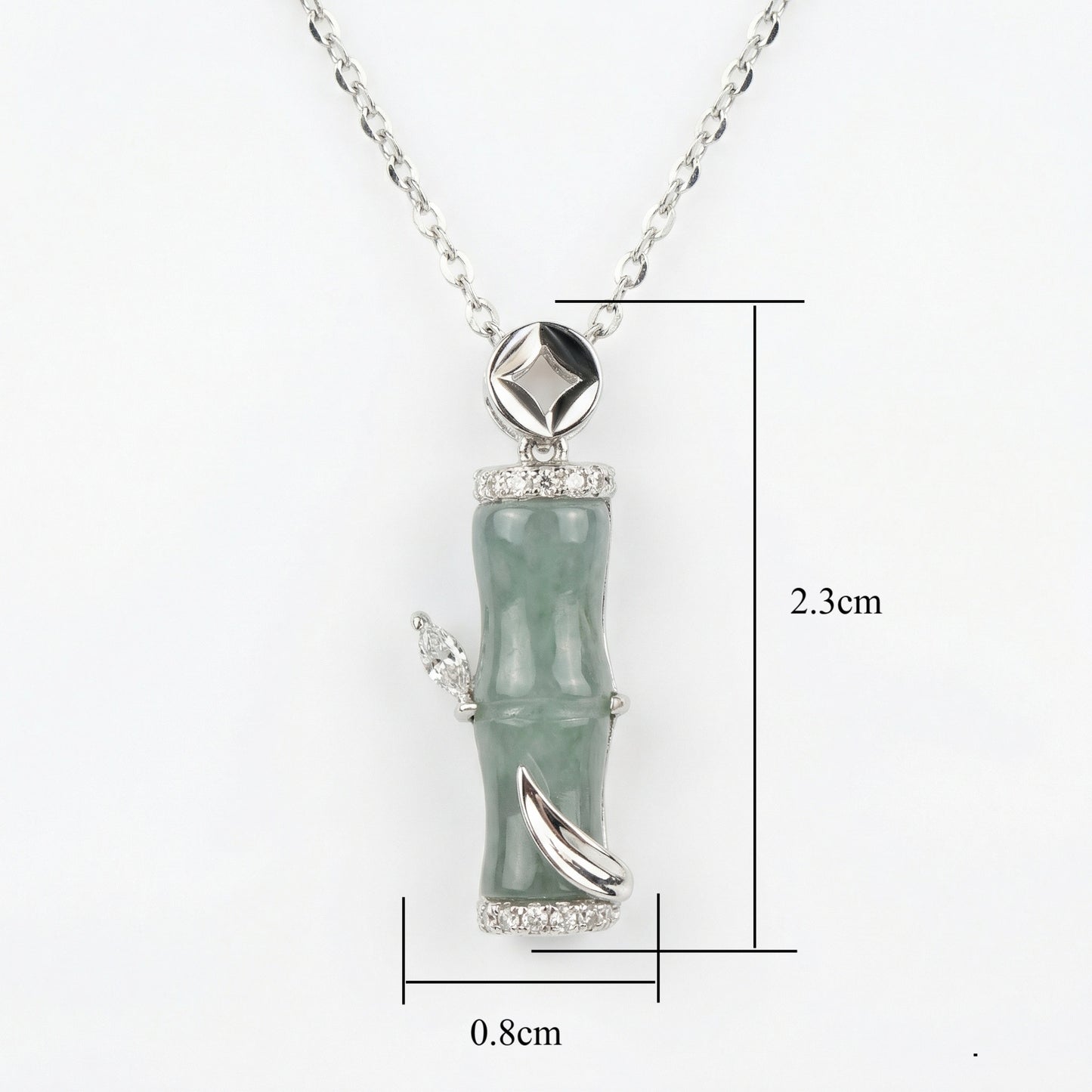 925 Sterling Silver Elegant Natural Green Jade Bamboo Stalk Pendant Necklace with Sparkling Accents