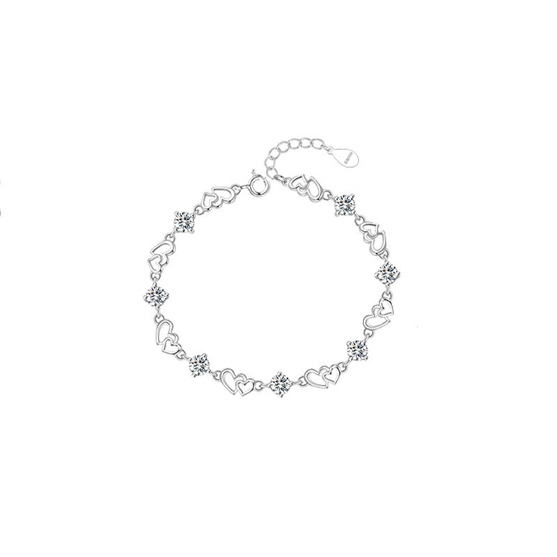 S925 Sterling Silver Heart-to-heart Moissanite Bracelet