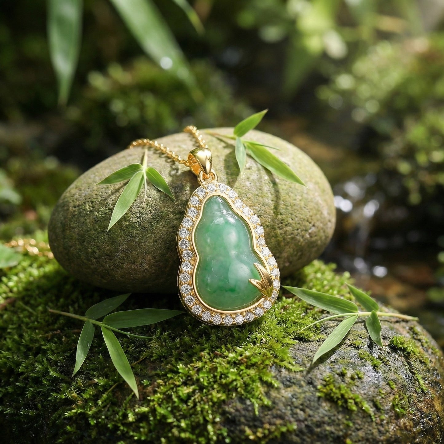 925 Sterling Silver Exquisite Green Jade Gourd Necklace with Radiant Stone Border and Delicate Leaf Motif