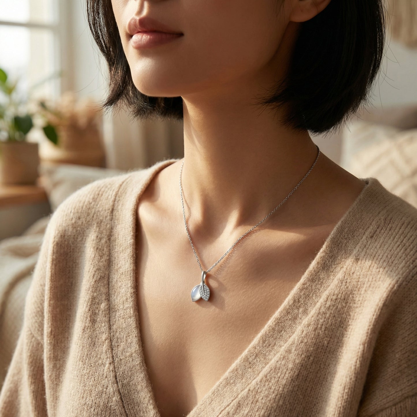 925 Sterling Silver Elegant Leaf Pendant Necklace Featuring Shimmering Moonstone And Brilliant Pave Crystals