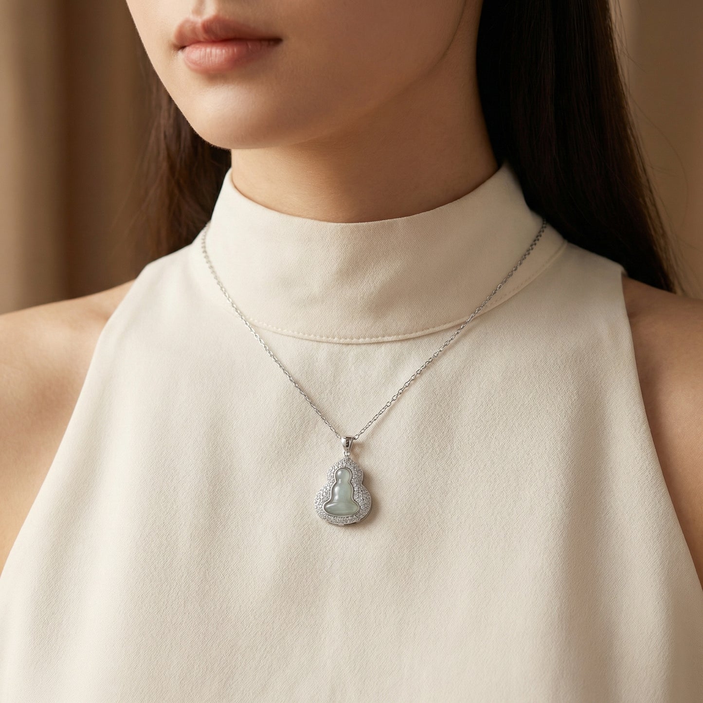 925 Sterling Silver Elegant Light Green Jade Buddha Pendant Necklace with Sparkling Accents