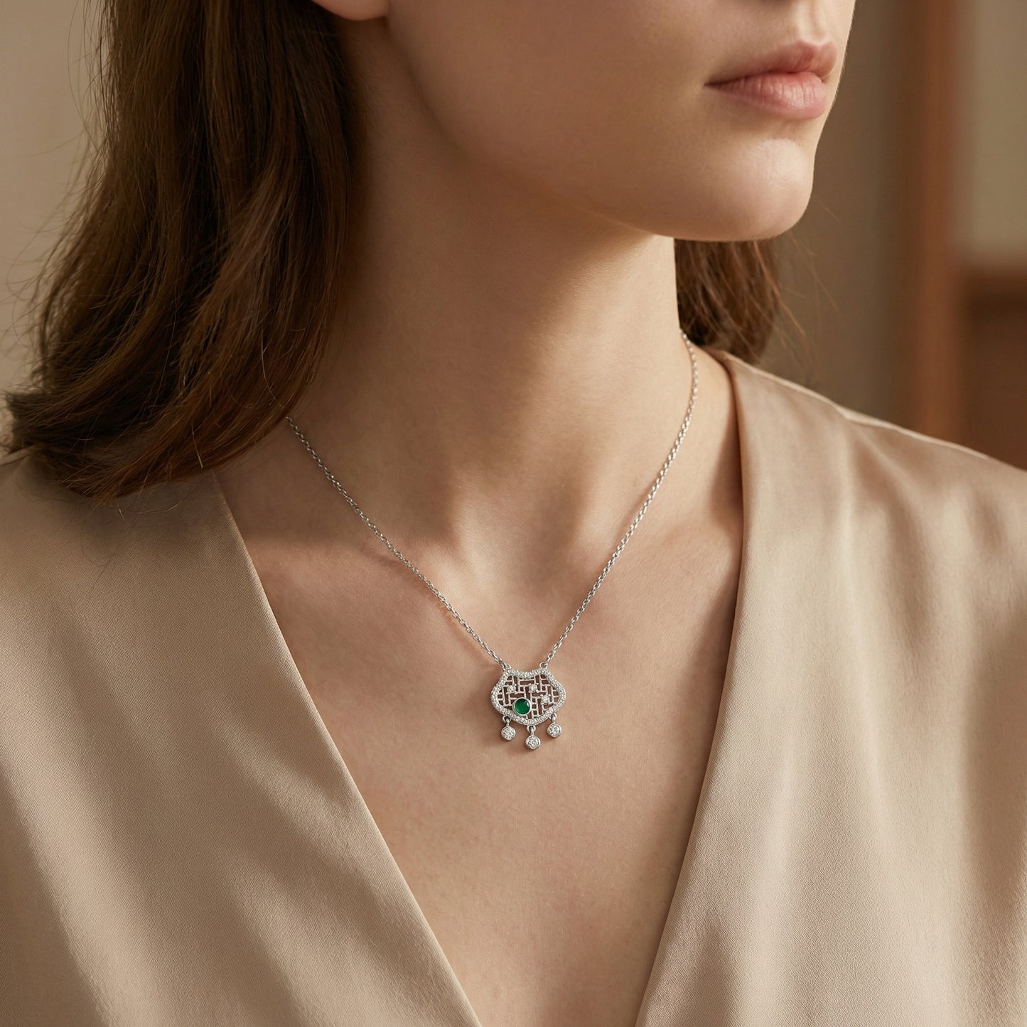 925 Sterling Silver Elegant Longevity Lock Necklace with Vibrant Green Gemstone and Sparkling Brilliant Accents