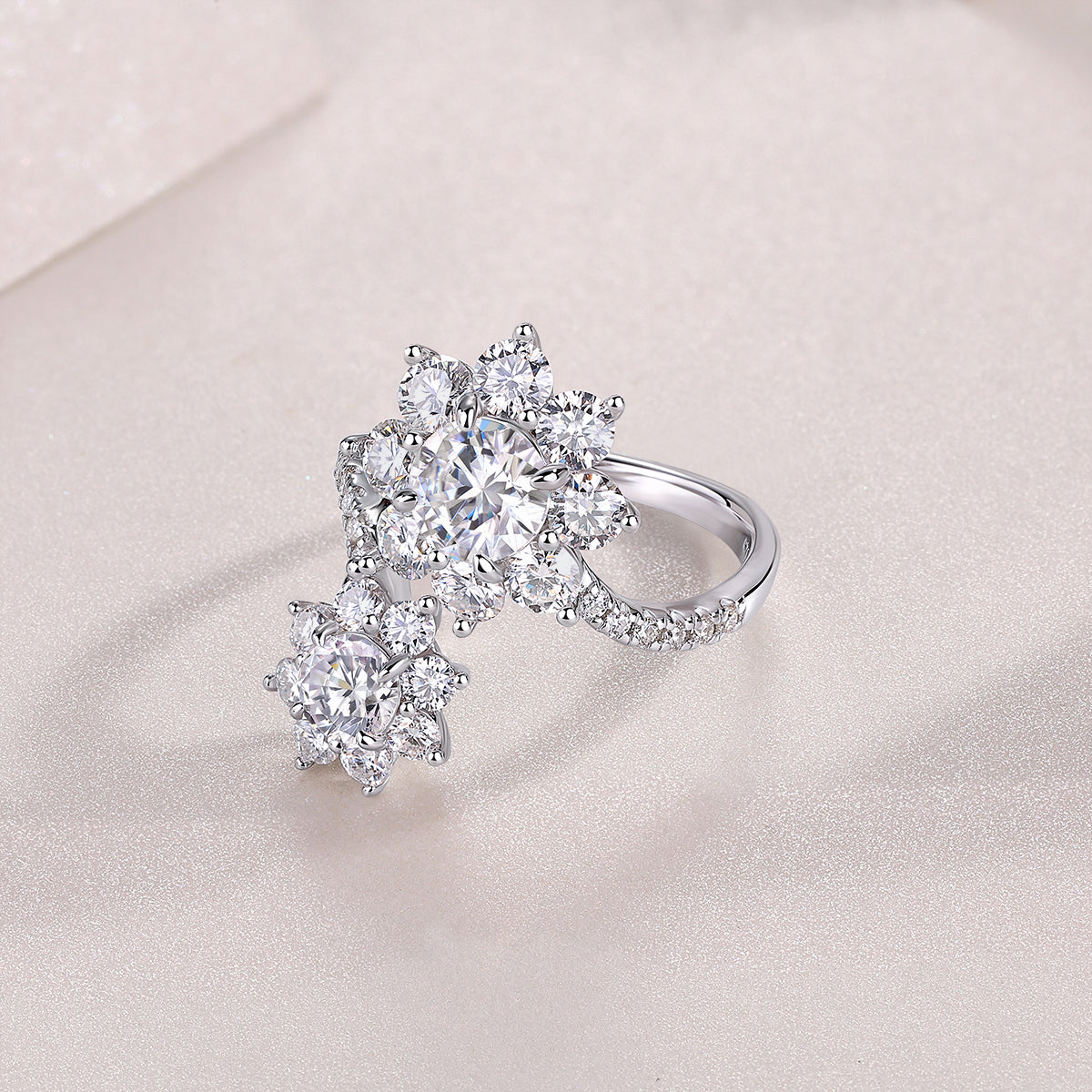 Luxury Floral Cluster Open Ring – S925 Sterling Silver, High-Brilliance Moissanite, Adjustable Double Flower Design