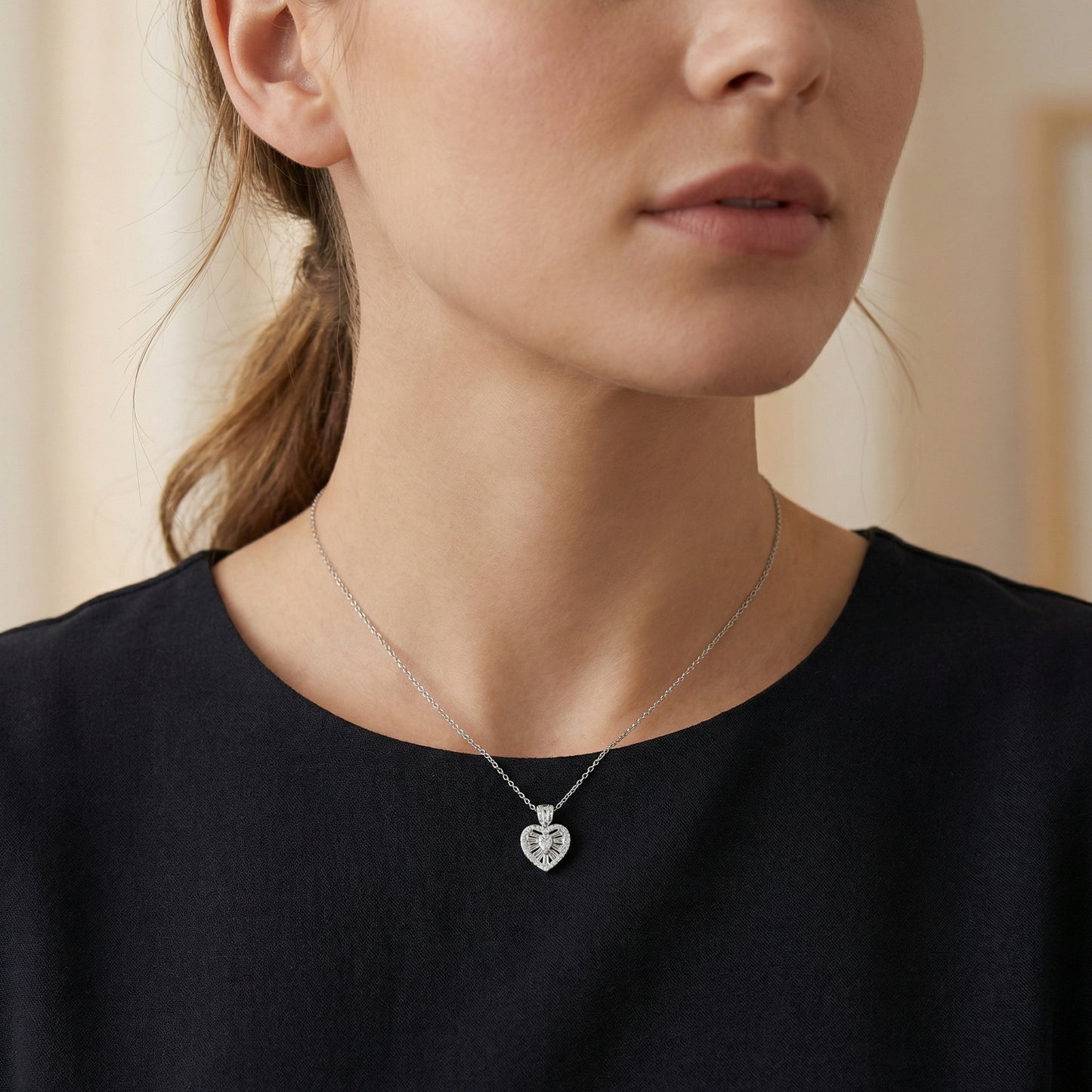 925 Sterling Silver Radiant Heart-Shaped Diamond Necklace with Pear-Cut Center and Baguette Accents