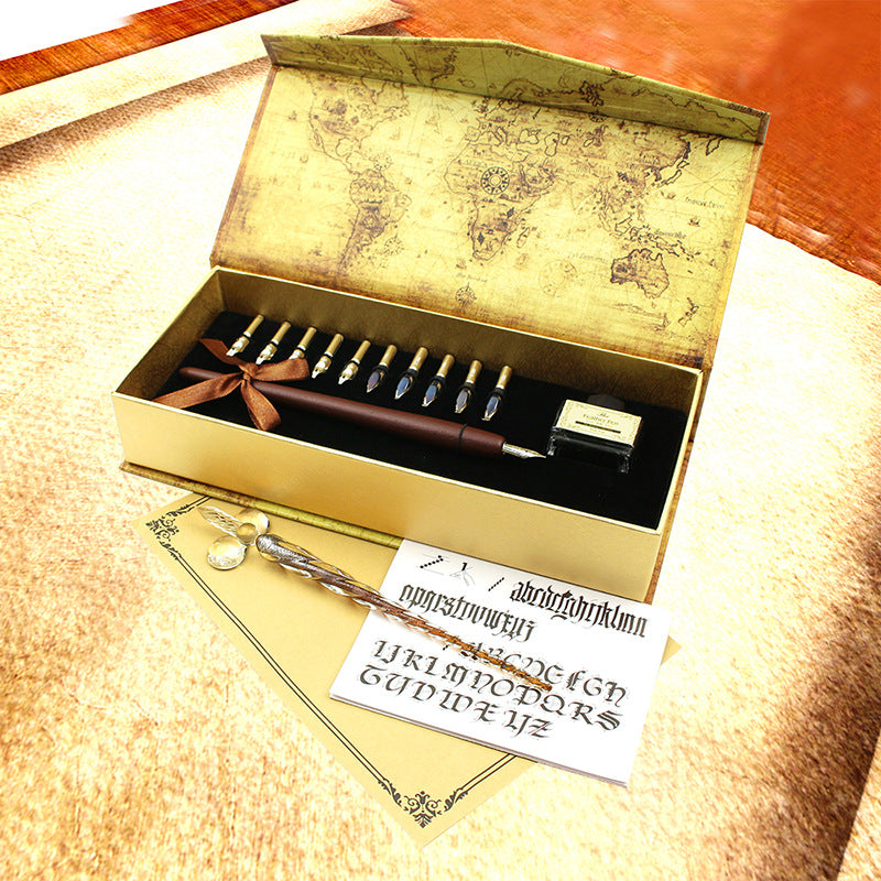 Ensemble de stylos à plume artisanaux en cristal et verre – Stylo de calligraphie vintage en bois