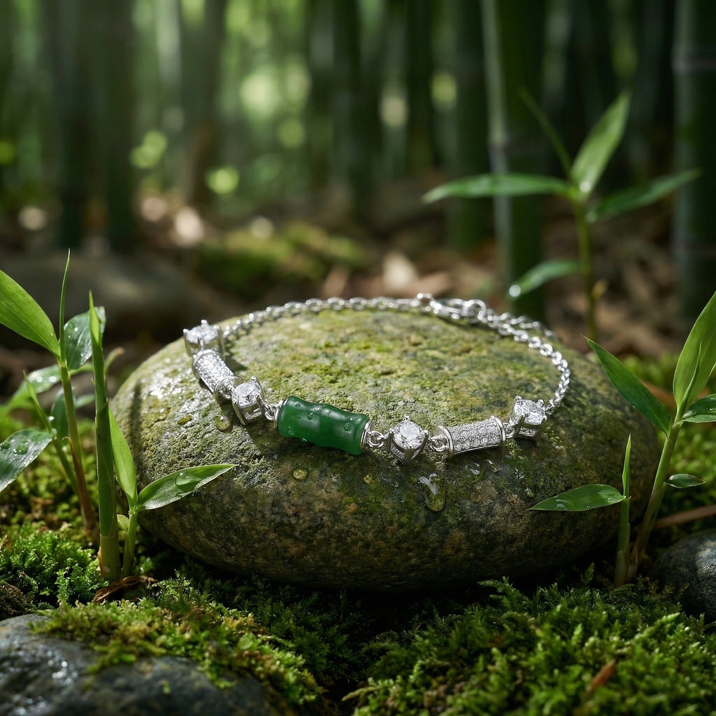 925 Sterling Silver Elegant S925 Sterling Silver Bracelet Featuring a Green Bamboo Motif and Shimmering Zirconia Stones