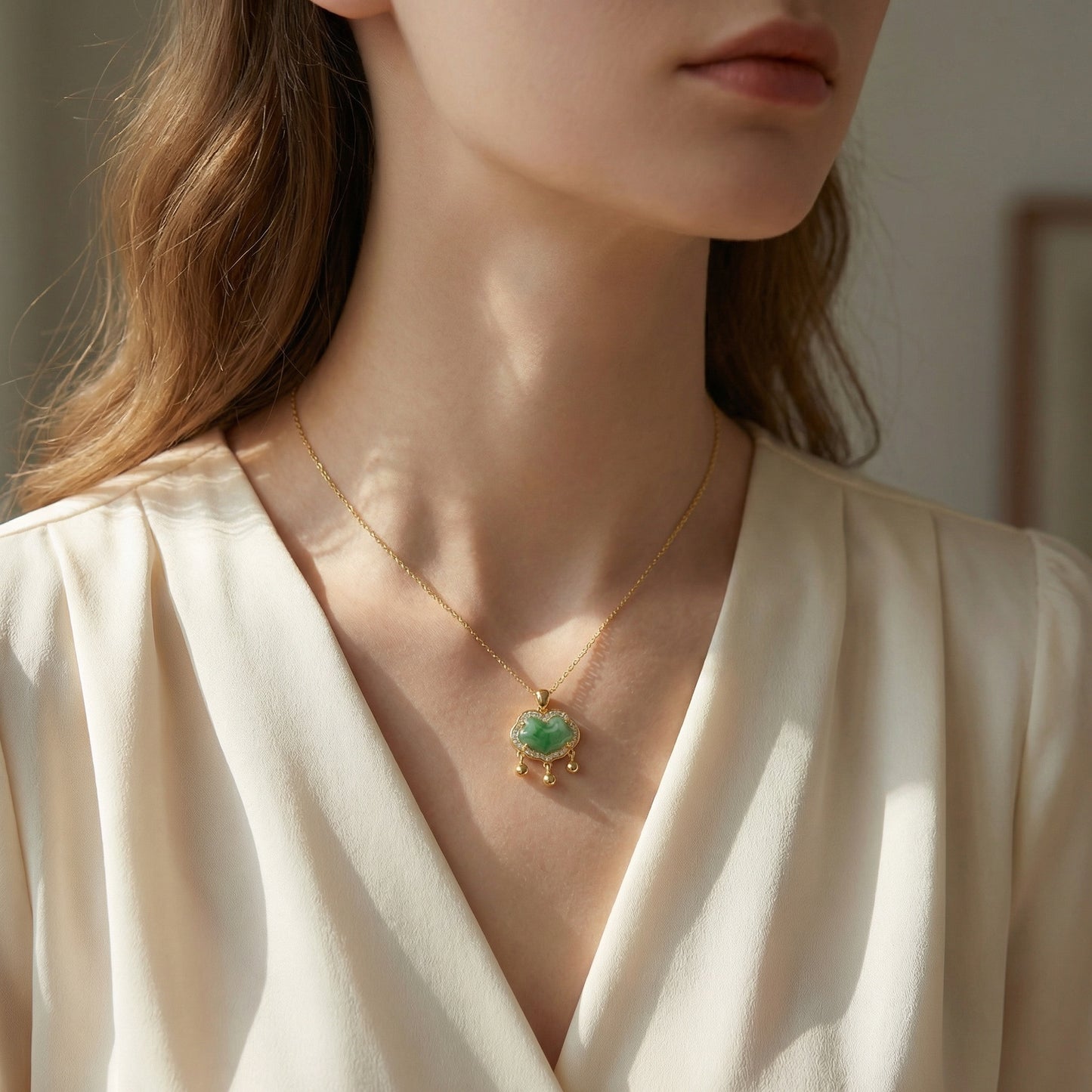 925 Sterling Silver Elegant Green Jadeite Ruyi Pendant Necklace Adorned with Radiant Diamonds and Hanging Accents