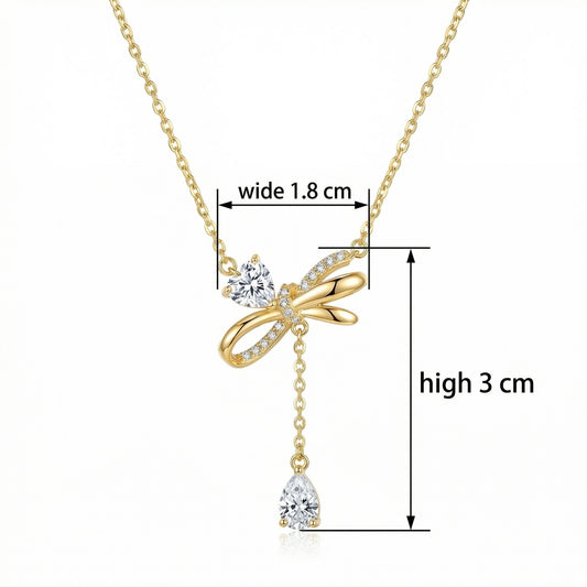 925 Sterling Silver Elegant Bowknot Necklace Featuring Heart and Pear-Cut Sparkling Stones