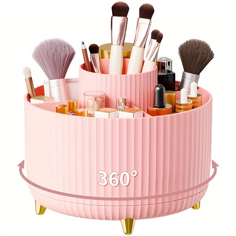 360° Rotating Makeup Brush Holder with 5 Compartments – Space-Saving Organizer for Cosmetics & Accessories