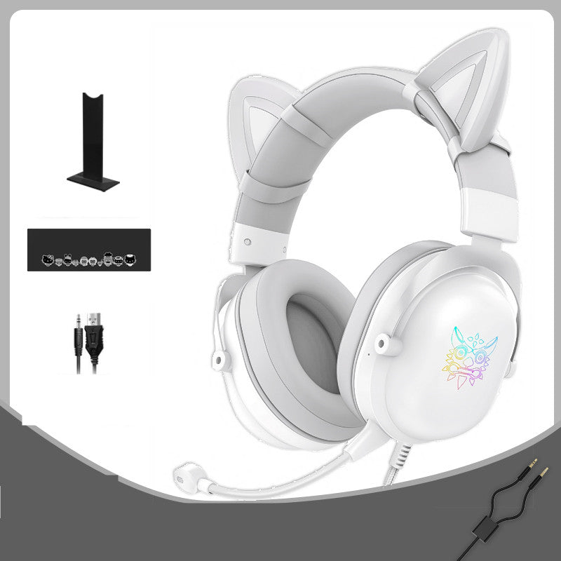Casque de jeu RGB à réduction de bruit avec microphone et oreilles de chat amovibles.