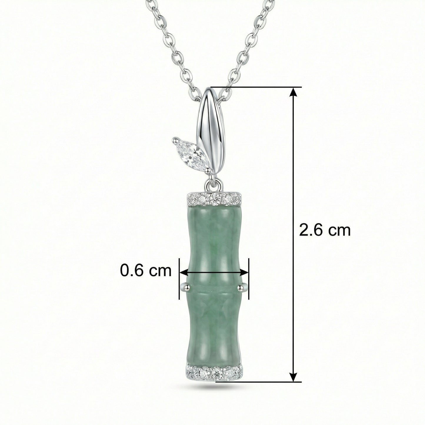 925 Sterling Silver Elegant Green Jade Bamboo Pendant Necklace with Cubic Zirconia Accents