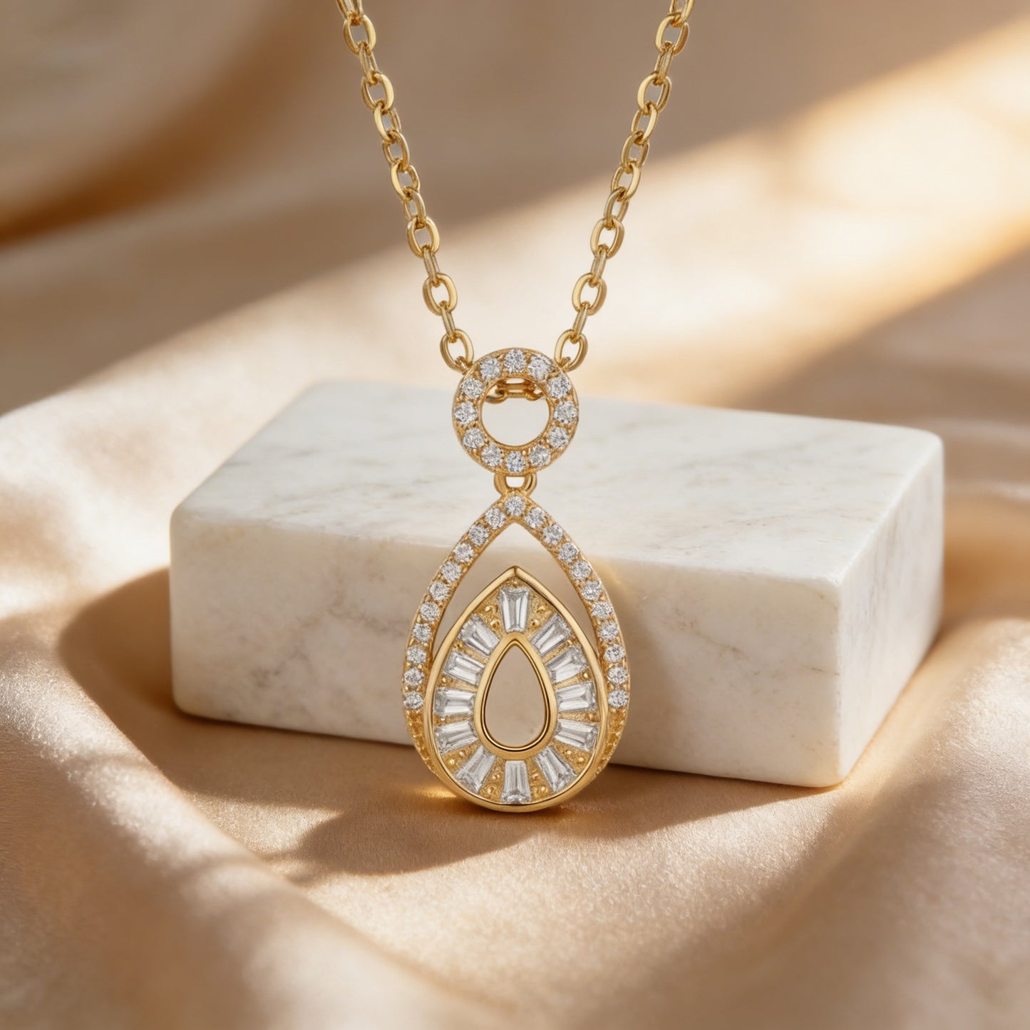 925 Sterling Silver Elegant Pear-Shaped Pendant Necklace with Marquise and Sunburst Baguette Accents