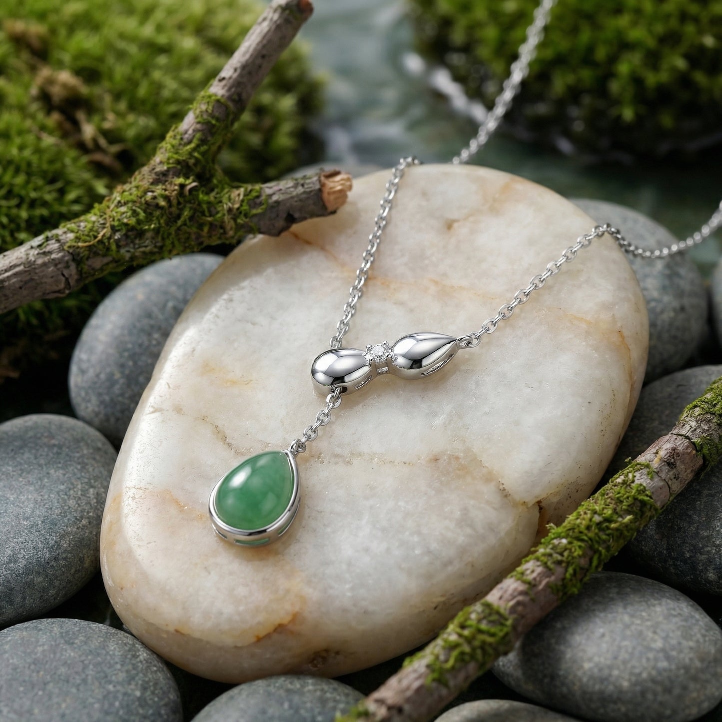 925 Sterling Silver Elegant Silver Necklace with a Green Teardrop Jadeite Pendant and Diamond Accent