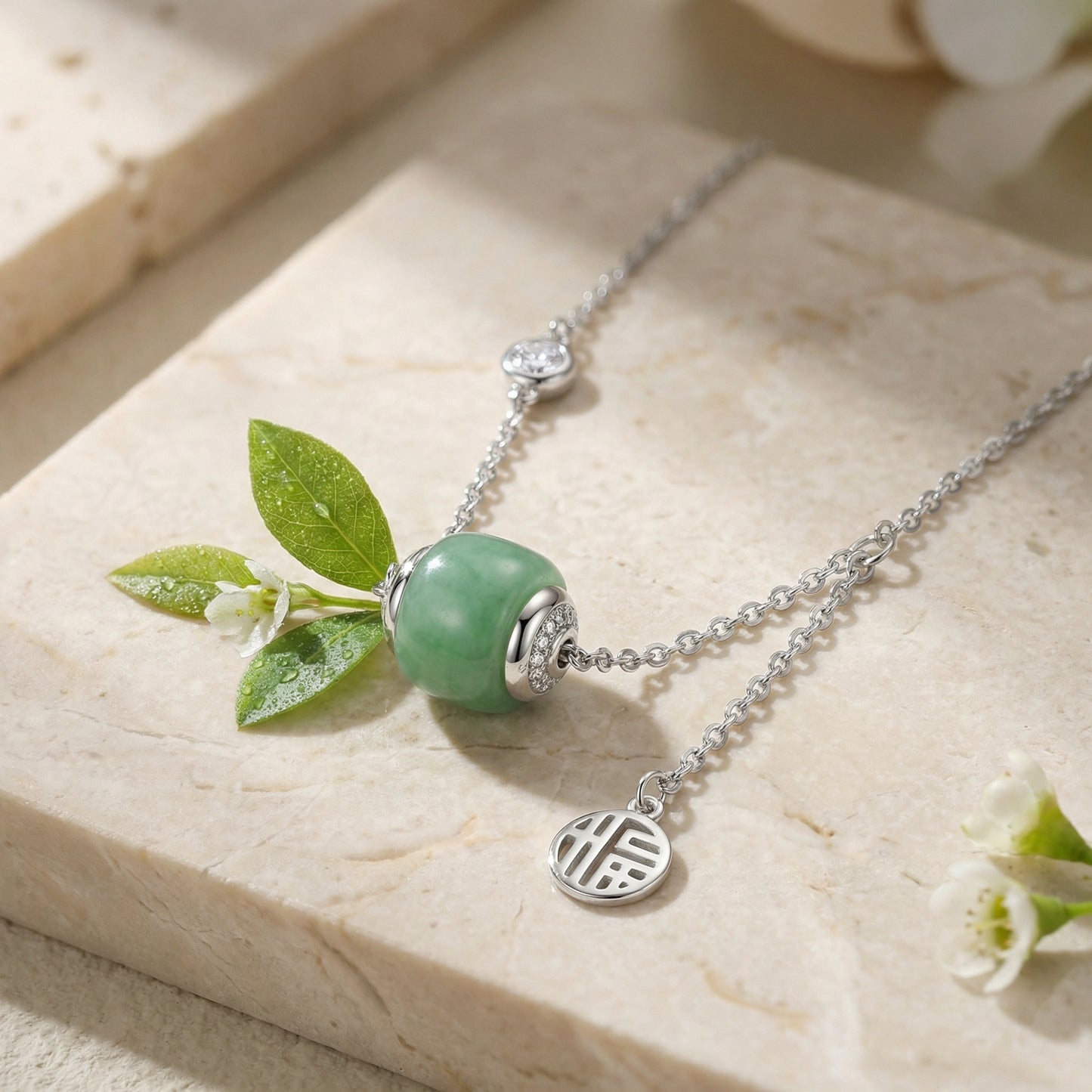 925 Sterling Silver Elegant Sterling Silver Green Jade Barrel Necklace with Diamond Accents and Fortune Pendant