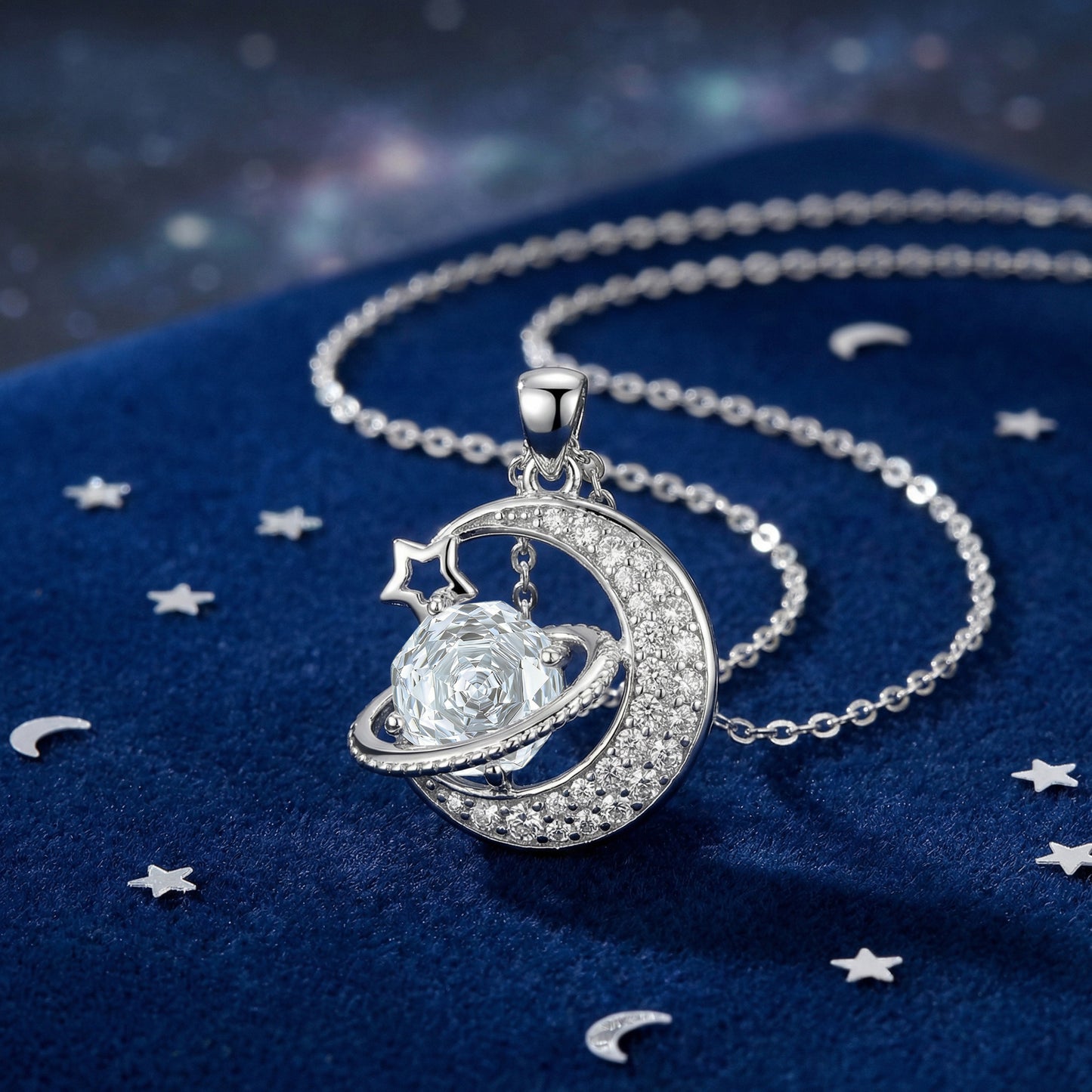 925 Sterling Silver Elegant Celestial Silver Crescent Moon and Sparkling Planet Pendant Necklace