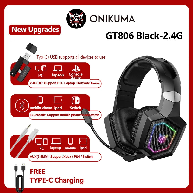 ONIKUMA GT806 Tri-Mode Wireless Gaming Headset with Detachable Noise-Cancelling Mic, RGB Lighting, 7.1 Surround Sound for PC, PS5, Mobile Devices