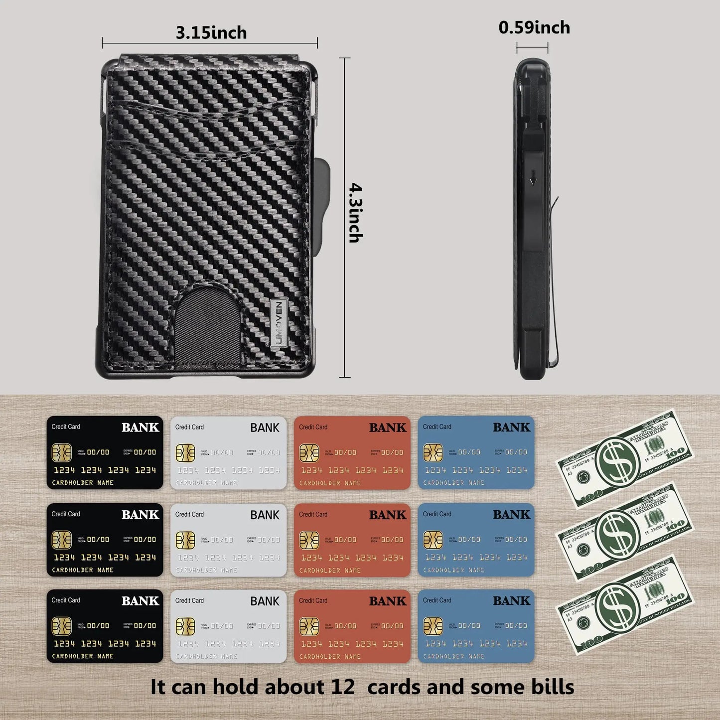 Minimalist Smart Wallet for Men: RFID Blocking Pop-Up Card Holder, Slim Carbon Fiber Leather Bifold with Money Clip & ID Window (Holds 9-13 Cards)