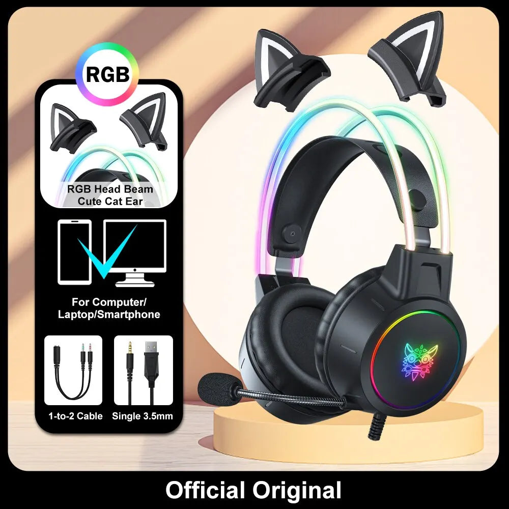 ONIKUMA X15 Pro RGB Gaming Headset – Wired Over-Ear Headphones with Pink Cat Ears & Noise-Cancelling Mic for PC & PS4