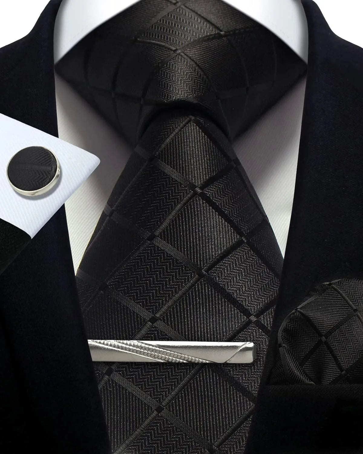 Classic Men’s 100% Silk Woven Tie Set – Plaid Necktie, Pocket Square & Tie Clip