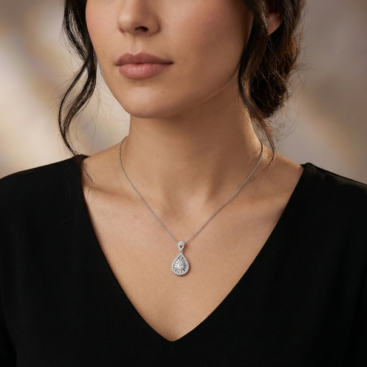 925 Sterling Silver Elegant Pear-Shaped Diamond Sunburst Halo Pendant Necklace