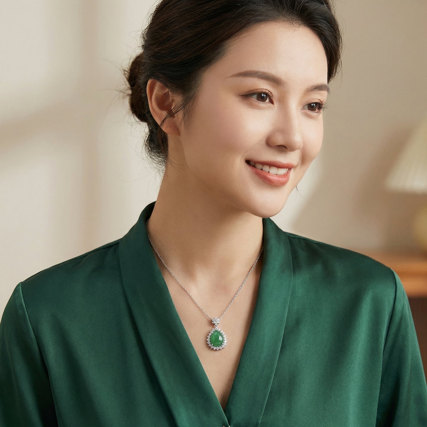 925 Sterling Silver Elegant Green Jade Teardrop Pendant Necklace with Sparkling Diamond Halo