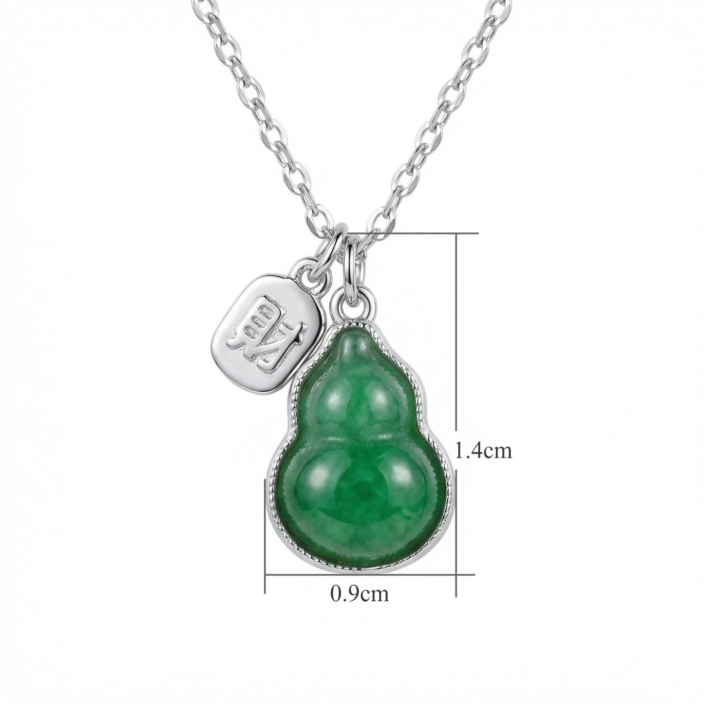 925 Sterling Silver Elegant Silver Green Jade Hulu Gourd Necklace with Wealth Character Charm