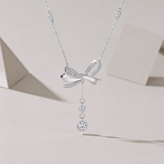 Dazzling Moissanite & Platinum-Plated S925 Silver Bow Necklace
