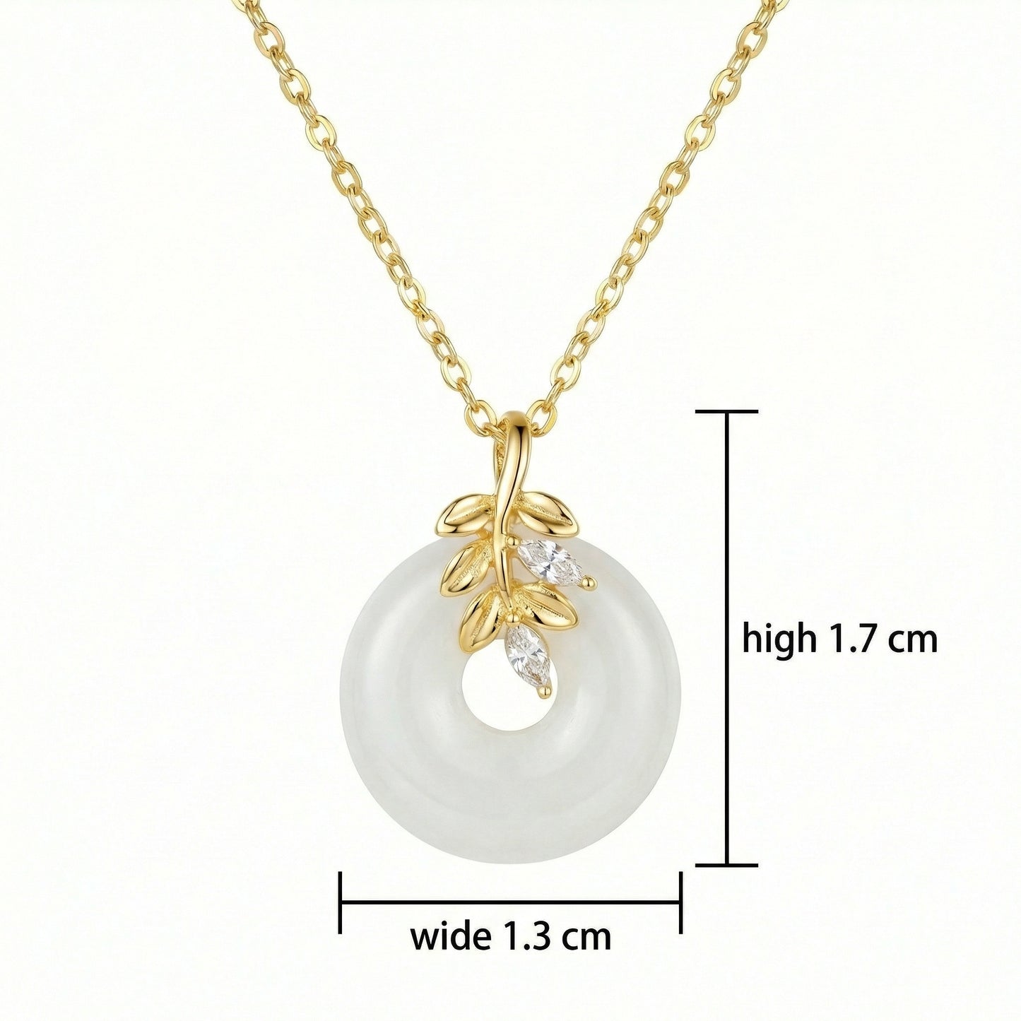 925 Sterling Silver Elegant White Jade Circle Pendant Necklace Featuring Ornate Leaf Branch and Marquise Accents