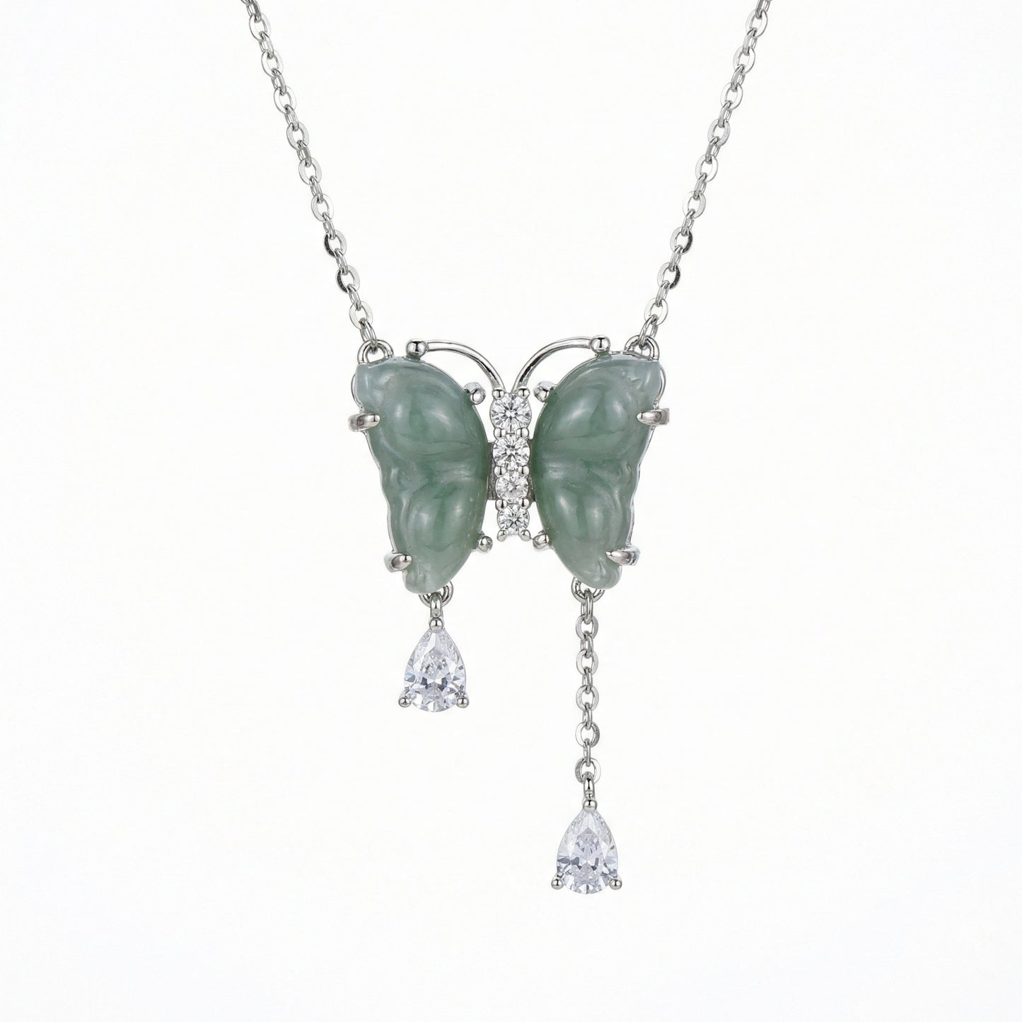 925 Sterling Silver Elegant Green Jade Butterfly Pendant Necklace with Asymmetric Crystal Drops