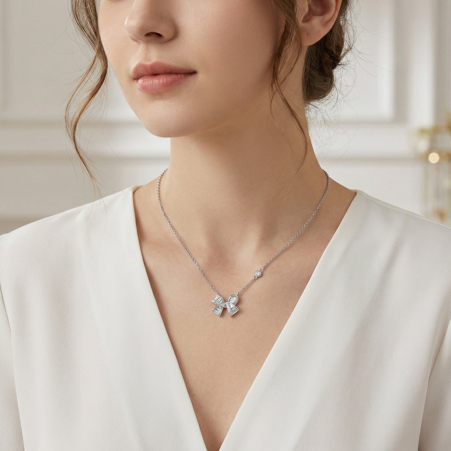 925 Sterling Silver Elegant Baguette and Round Diamond Ribbon Bow Pendant Necklace