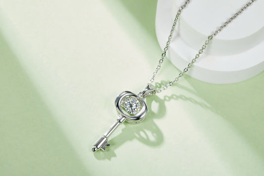Luxury D Color VVS Moissanite Key Necklace in S925 Sterling Silver | Platinum Plated Key Pendant Jewelry