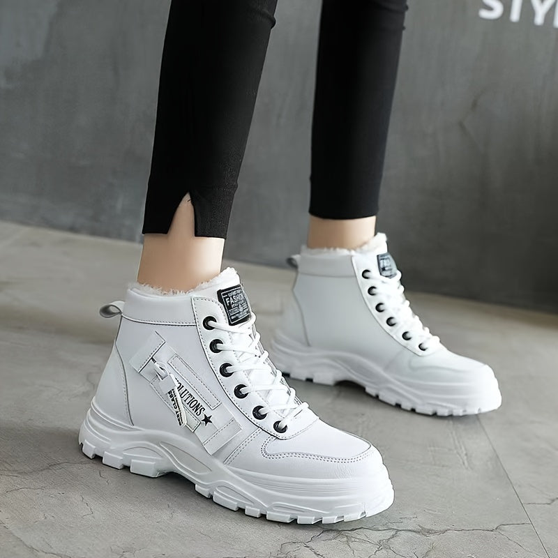 Women'S Winter High-Top Boots - Warm Fleece-Lined Ankle Boots with Thick Sole, Lace-Up Casual Style