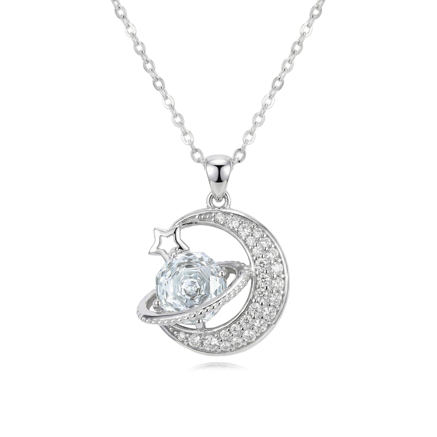 925 Sterling Silver Elegant Celestial Silver Crescent Moon and Sparkling Planet Pendant Necklace