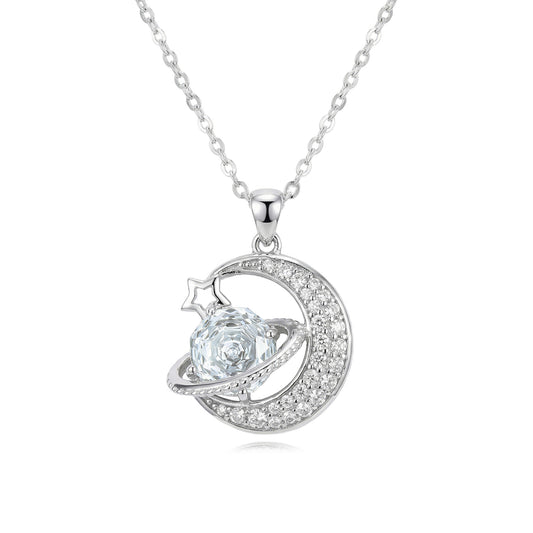 925 Sterling Silver Elegant Celestial Silver Crescent Moon and Sparkling Planet Pendant Necklace