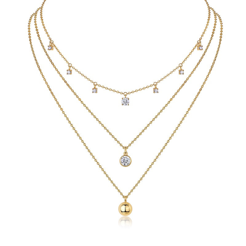 1ct D Color VVS1 Moissanite Three-Layered Necklace in 925 Sterling Silver, 18K Gold Plated