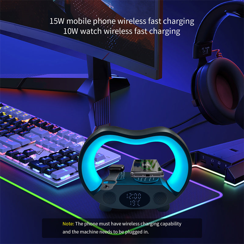 6-in-1 Intelligent LED Table Lamp with Bluetooth Speaker, Wireless Charger, & Smart Remote Control – RGB Night Light, Alarm Clock, Time & Temperature Display