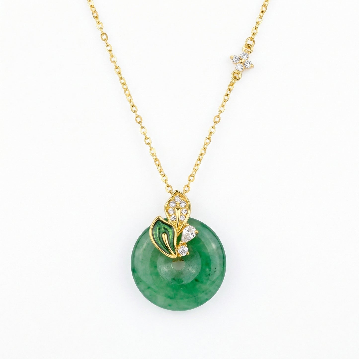 925 Sterling Silver Elegant Green Jadeite Donut Necklace with Sparkling Floral Accents and Enamel Leaf Details